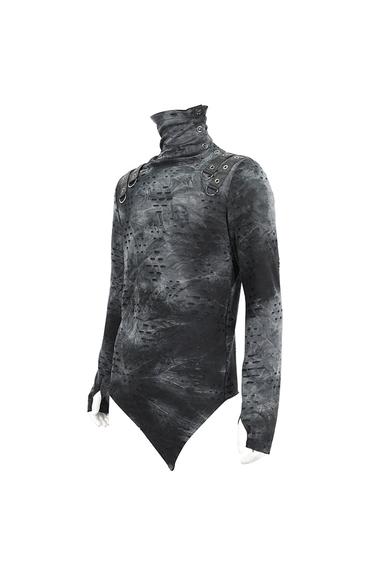 Grey/Black Lrregular Ripped Stand Collar Men's Punk Shirt
