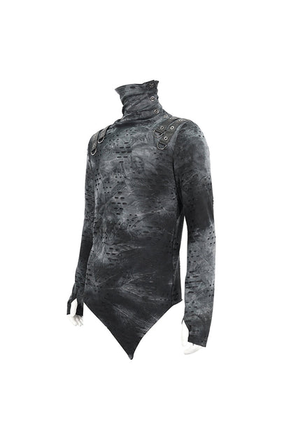 Grey/Black Lrregular Ripped Stand Collar Men's Punk Shirt