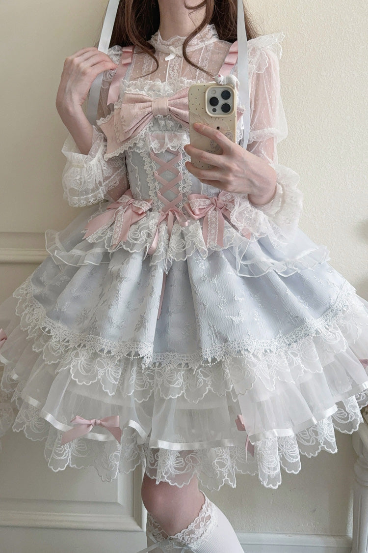 Blue [Fleishi Island] Sleeveless Ruffle Bowknot Lace Slim Sweet Ballet Lolita Jsk Dress