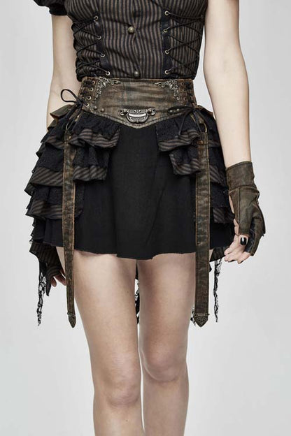 Black Punk Multi Layer Wavy Edges Striped Womens Half Skirt With Corset