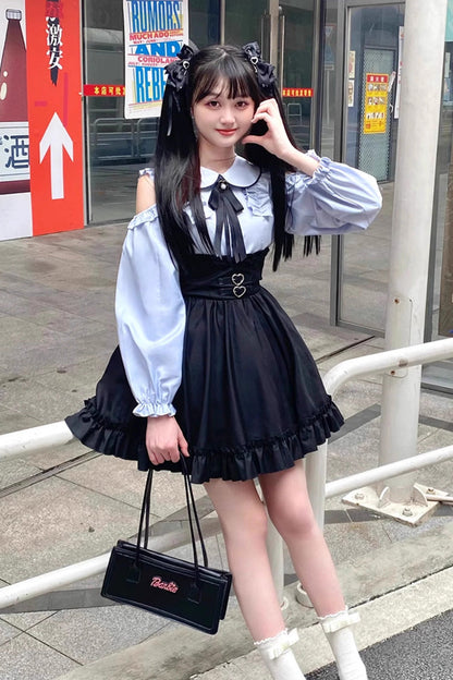 Black/Blue Off Shoulder Long Sleeves Ruffle Bowknot Sweet Jirai Kei Japanese Set