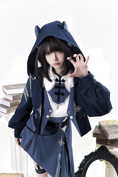 Blue [Indigo Shadow Journey] Stand Collar Long Sleeves Embroidered Hooded Asymmetric Punk Ouji Lolita Dress Four-Piece Set