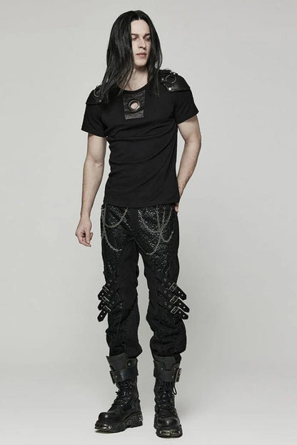 Black Short Sleeves Detachable Shoulder Pad Hollow Mens Steampunk T-Shirt