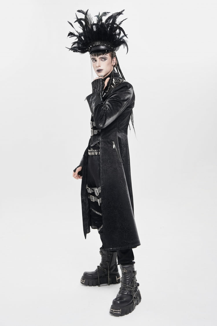 Black Stand Collar Floral Print Rivet Buckle Zipper Straps Men's Punk Coat