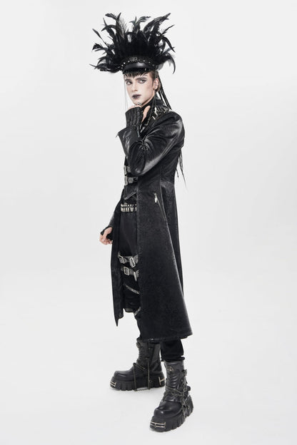 Black Stand Collar Floral Print Rivet Buckle Zipper Straps Men's Punk Coat
