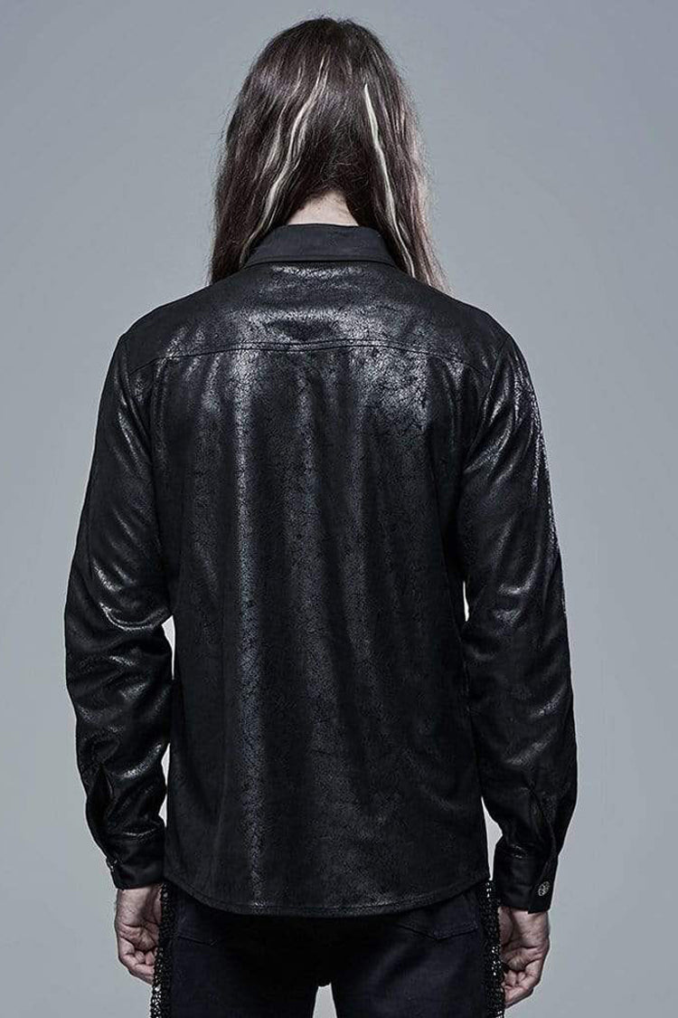 Black Punk Ribbon Decoration Front Metal Skull Button Spliced Men's Shirt