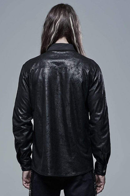 Black Punk Ribbon Decoration Front Metal Skull Button Spliced Men's Shirt