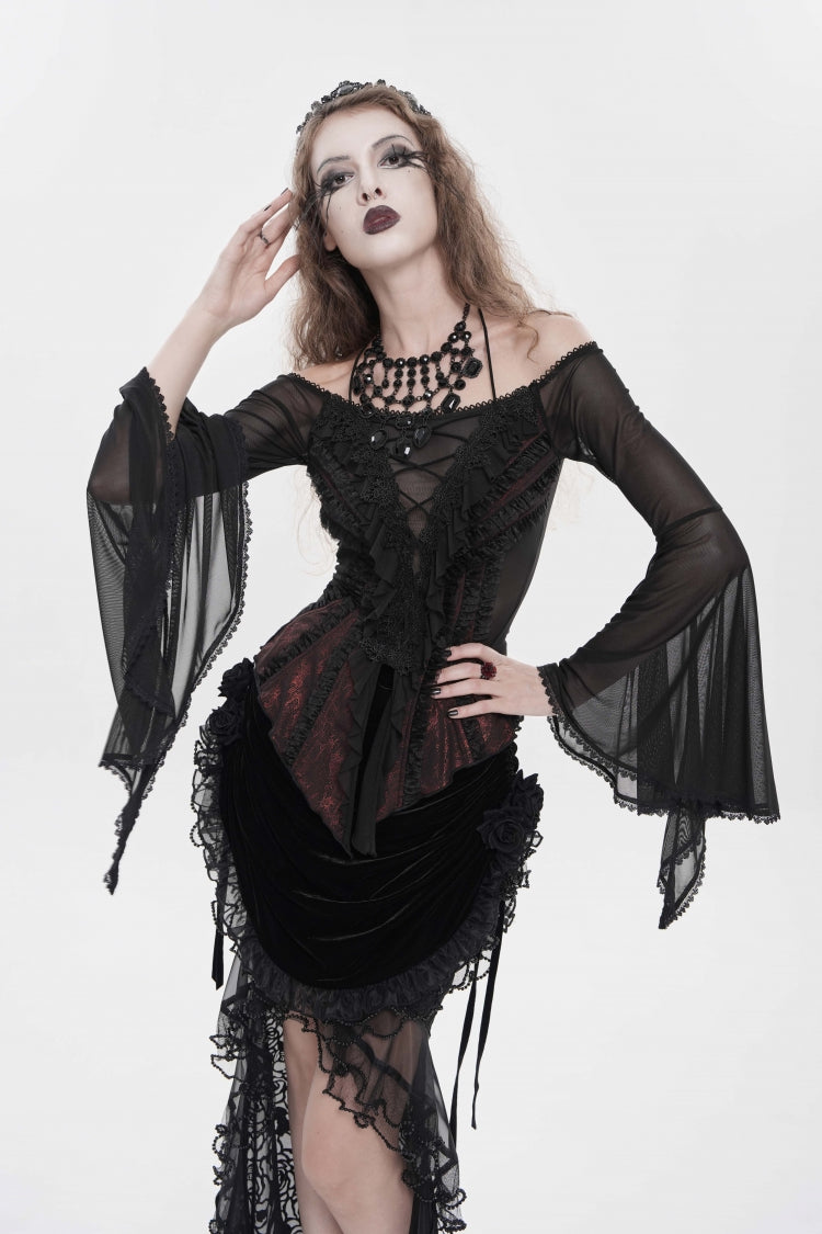 Black/Red Off Shoulder Long Trumpet Sleeves Ruffled Embroidered Lace-Up Women's Gothic Blouse