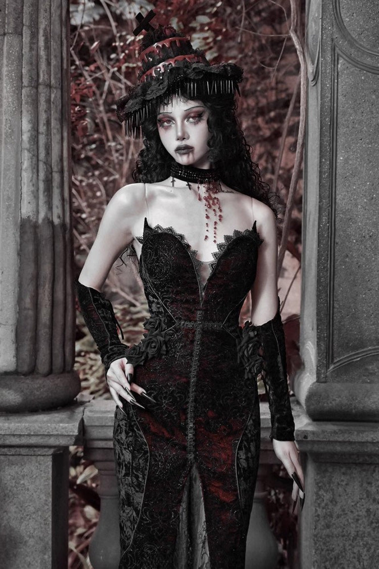Black/Red [Scarlet Blood Peak] Sleeveless High Waisted Ruffle Embroidery Lace Gothic Lolita Fishtail Dress