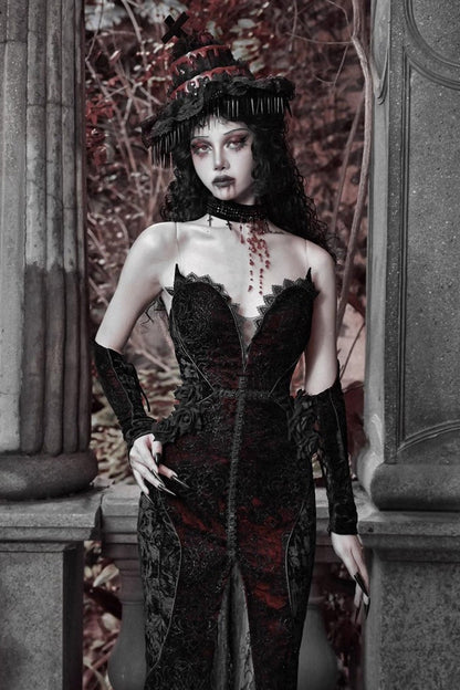 Black/Red [Scarlet Blood Peak] Sleeveless High Waisted Ruffle Embroidery Lace Gothic Lolita Fishtail Dress