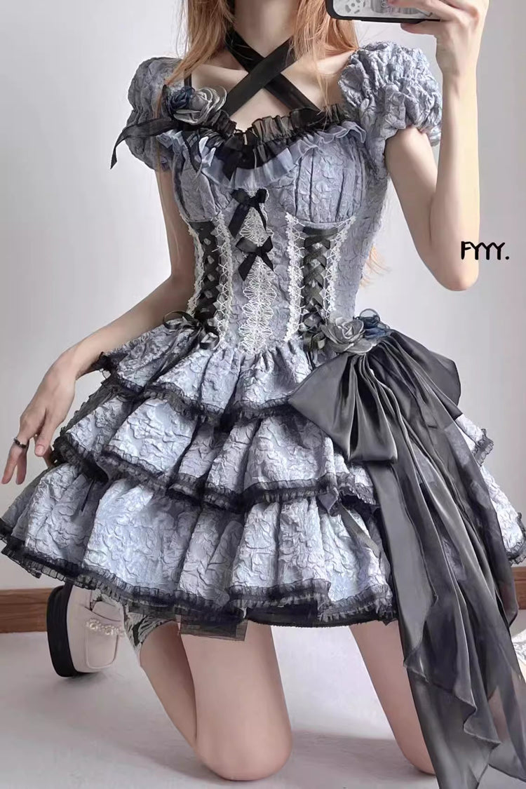 Black/Blue Medea Kiss Short Sleeves Gothic Lolita Op Tiered Dress