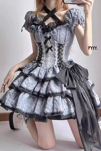 Black/Blue Medea Kiss Short Sleeves Gothic Lolita Op Tiered Dress