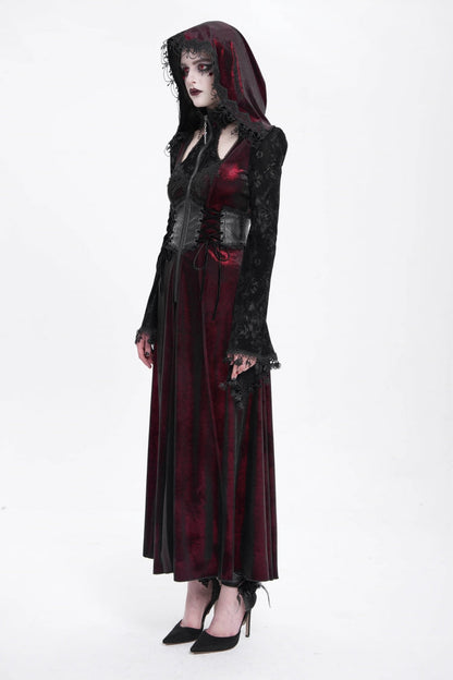 Red Long Sleeves Hollow Embroidery Hooded Ripped Women's Gothic Dress Coat