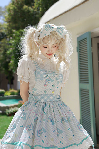 Blue [Hatsune Miku] Sleeveless Print Bowknot Lace Sweet Lolita Strap Jumper Dress