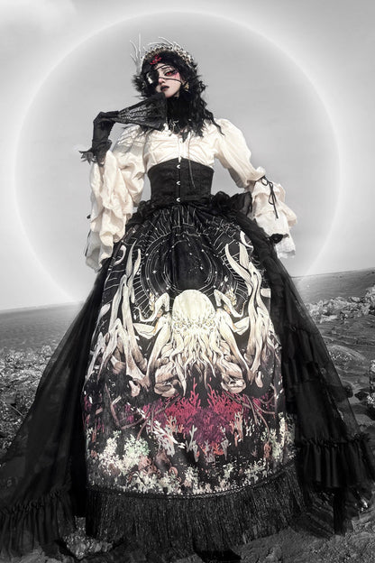 Black [Reborn Ancient God] Long Hime Sleeves Print Lace Gothic Lolita Skirt Dress Set