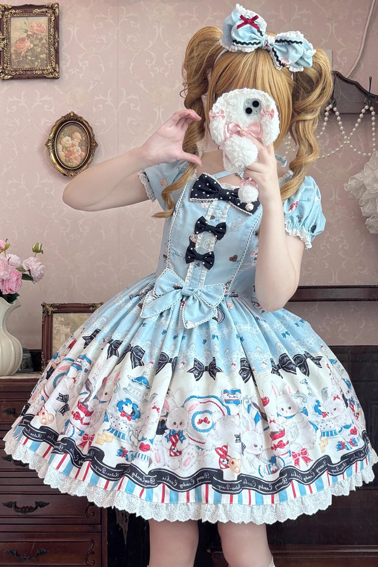 Blue [Mystery Rabbit Tea Party] Square Collar Short Sleeves Print Ruffle Bowknot Lace Sweet Lolita Dress
