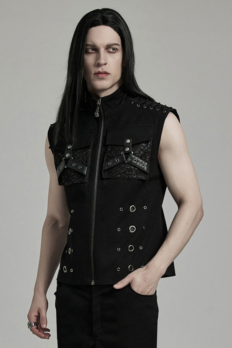 Black Stand Collar Stitching Slim Men's Punk Vest