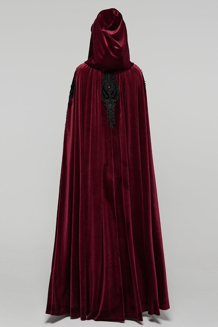 Red Floral Embroidery Diamante Velvet Hooded Women's Gothic Cloak