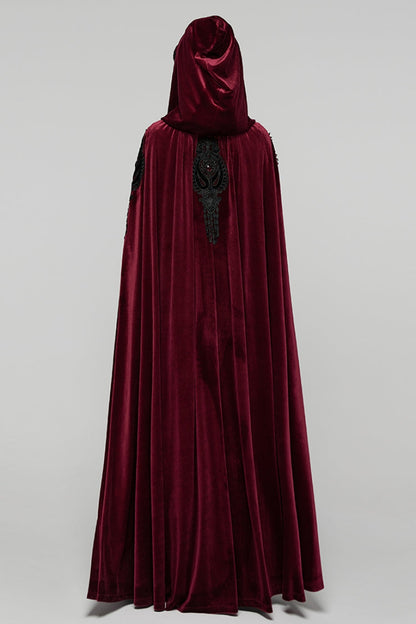 Red Floral Embroidery Diamante Velvet Hooded Women's Gothic Cloak