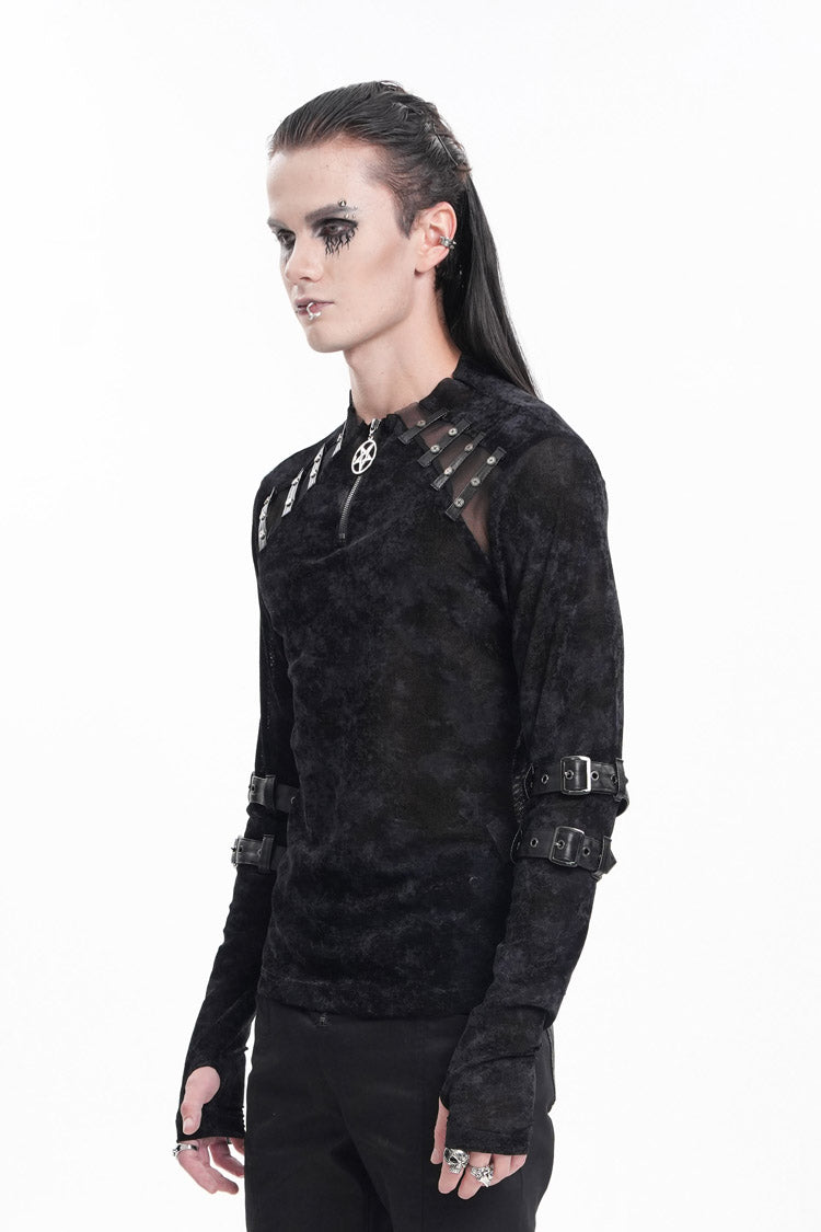 Black Round Collar Long Sleeves Buckle Star Studs Men's Gothic T-Shirt