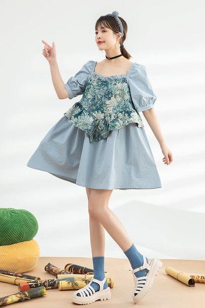 Blue Square Collar Ruffled Oil Painting Patchwork Short Sleeves High Waisted Sweet Lolita Dress