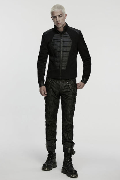 Black Stand Collar Long Sleeves Zipper Pleated Men's Punk Jacket