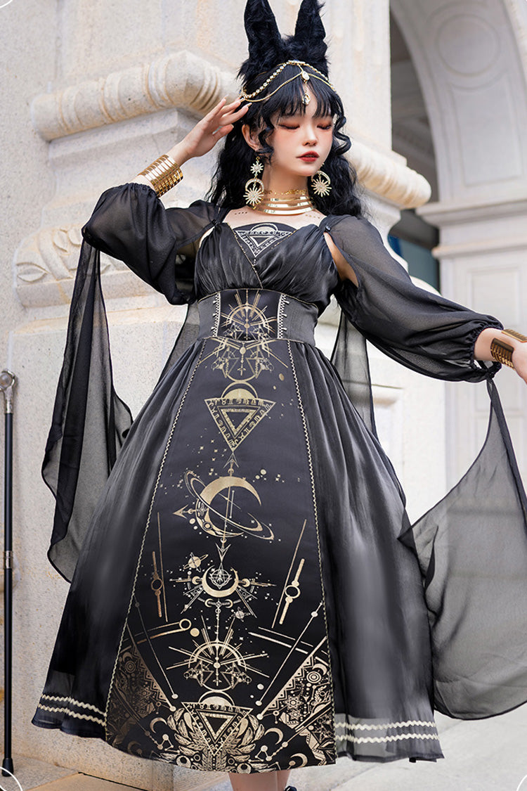 Black [Nightmare of Horus] Print Ruffle Hot Stamping Gothic Gorgeous Lolita Jsk Short Dress
