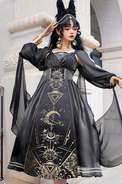 Black [Nightmare of Horus] Print Ruffle Hot Stamping Gothic Gorgeous Lolita Jsk Short Dress