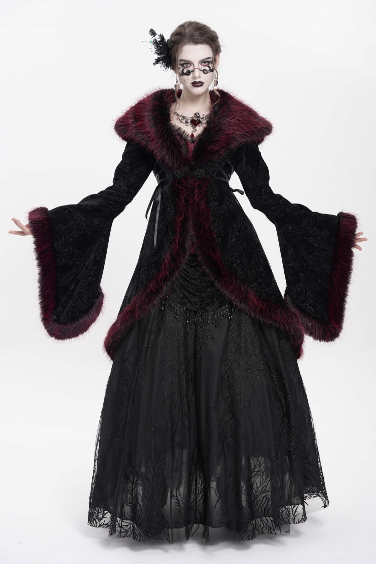 Red Long Sleeves Floral Embroidery Women's Gothic Fluffy Coat