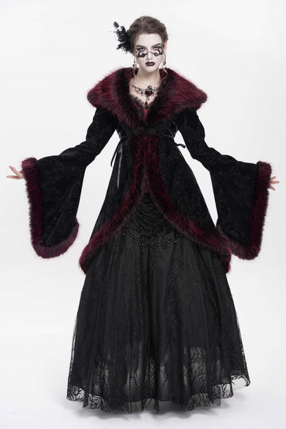 Red Long Sleeves Floral Embroidery Women's Gothic Fluffy Coat