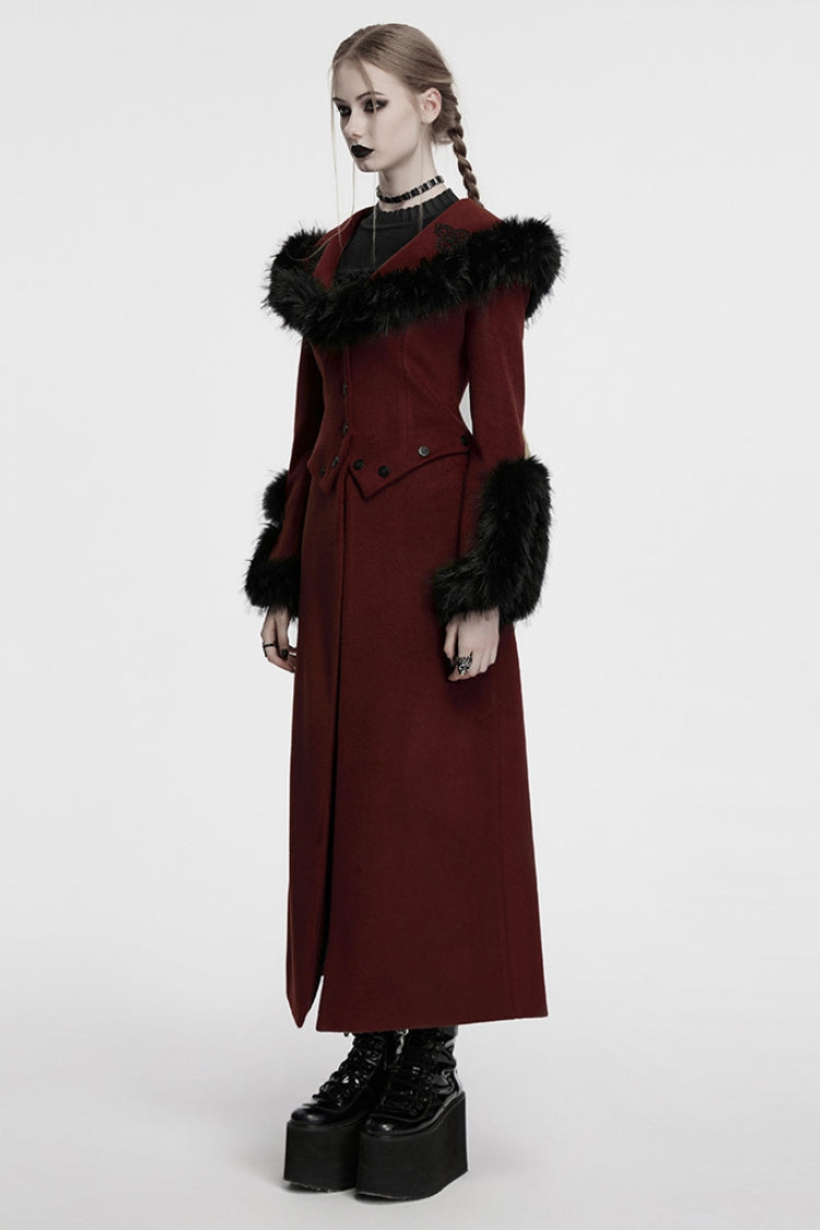 Red Long Sleeves Faux Fur Stitching Lace-Up Detachable Women's Gothic Coat