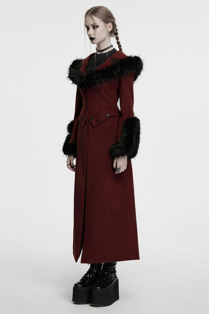 Red Long Sleeves Faux Fur Stitching Lace-Up Detachable Women's Gothic Coat
