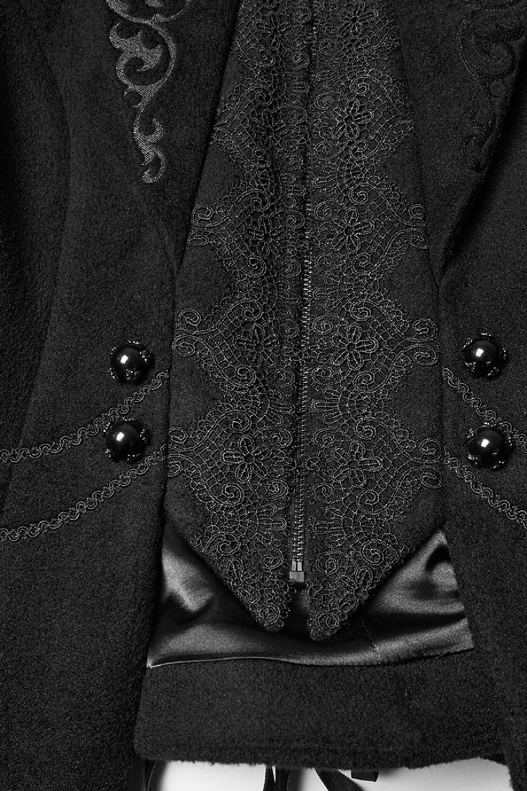 Black Stand Collar Long Sleeves Embroidered Lace-Up Zippered Women's Gothic Jacket