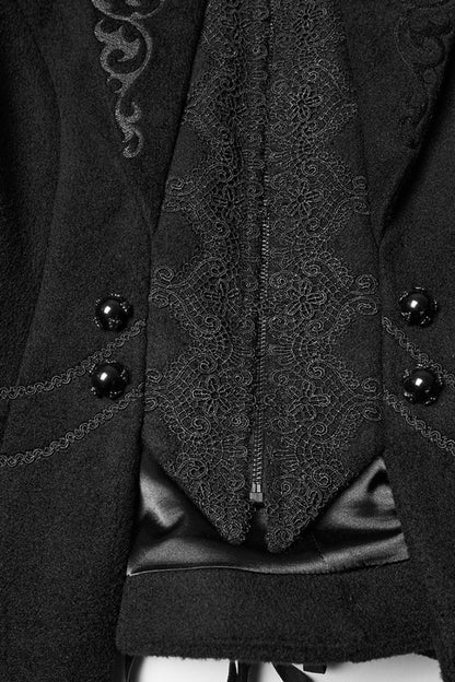 Black Stand Collar Long Sleeves Embroidered Lace-Up Zippered Women's Gothic Jacket