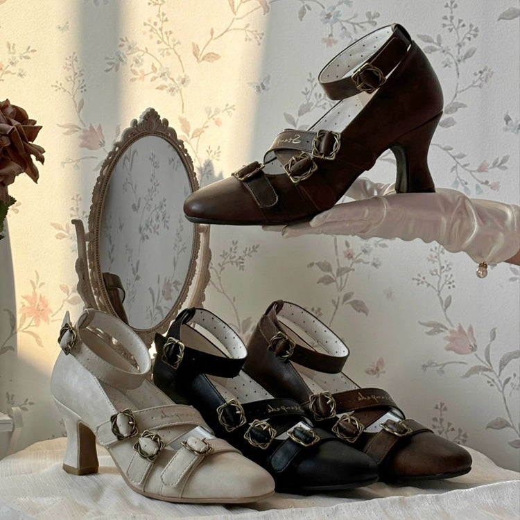 Square-Toe Cross Bandage High Heel Lolita Shoes 3 Colors