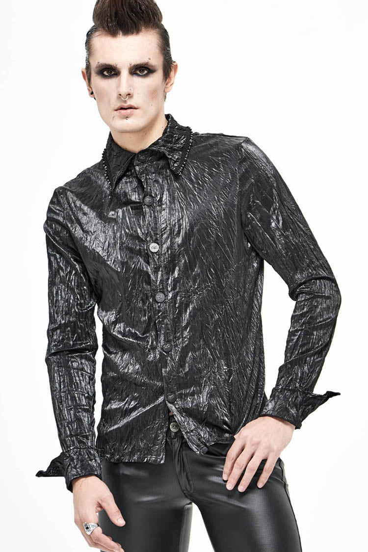 Black Twill Fold Collar Sharp Corner Cuff Light Metal Ring Webbing Men's Punk Shirt