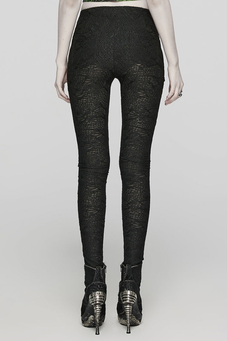 Black Print Slim Mesh Button Decoration Women's Gothic Leggings