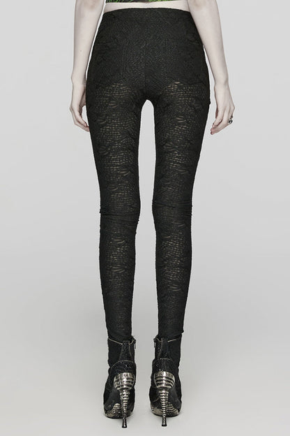 Black Print Slim Mesh Button Decoration Women's Gothic Leggings