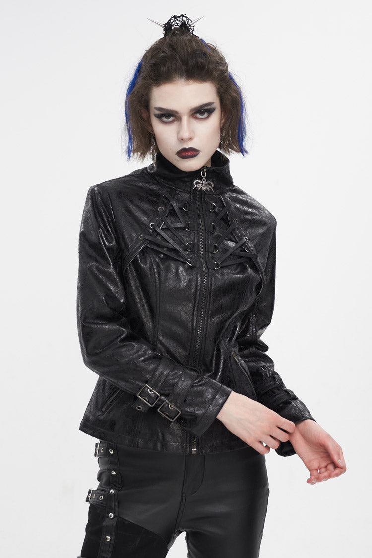 Black Stand Collar Crackled Buckle Women's Punk Jacket