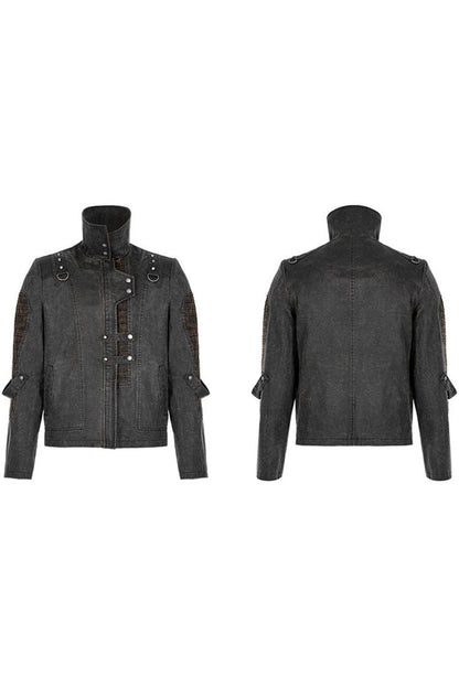 Grey Punk Post Apocalyptic Stitching Asymmetric High Neck Metal Embellished Short Loose Men's Coat