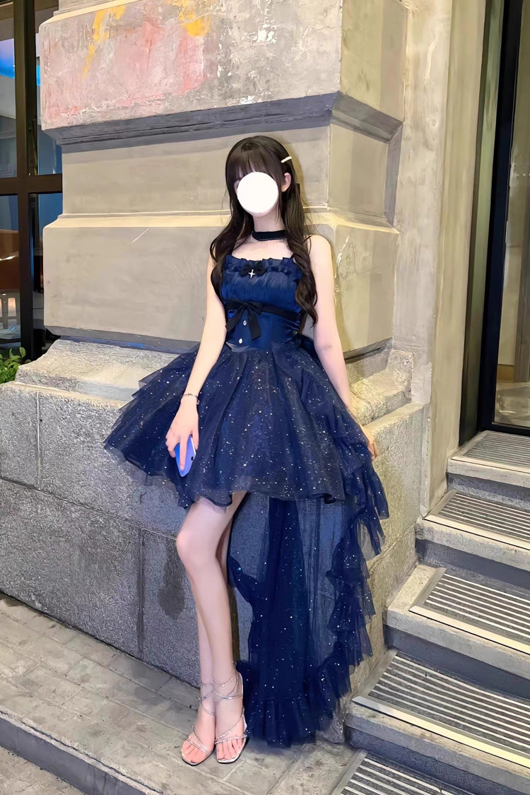 Blue Shining Bowknot Irregular Sweet Princess Gorgeous Lolita Jsk Dress (Include Train)