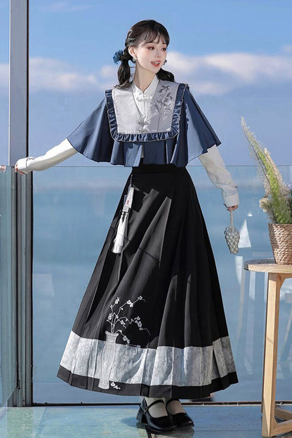 Black/Blue Round Collar Long Sleeves Print Slim Women's Classic Hanfu Dress Three-piece Set