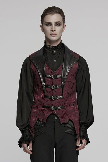 Black/Red Lapel V-neck Sleeveless Jacquard Buckle Men's Gothic Vest