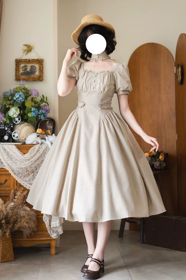 Light Khaki [Chantilly Forest] Square Collar Short Sleeves Striped Printed Ruffled Classic Vintage Elegant Lolita Dress