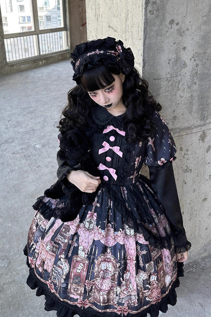Black [The Case of the Missing Lamb] Print Long Sleeves Ruffle Bowknot Lace Gothic Lolita Dress