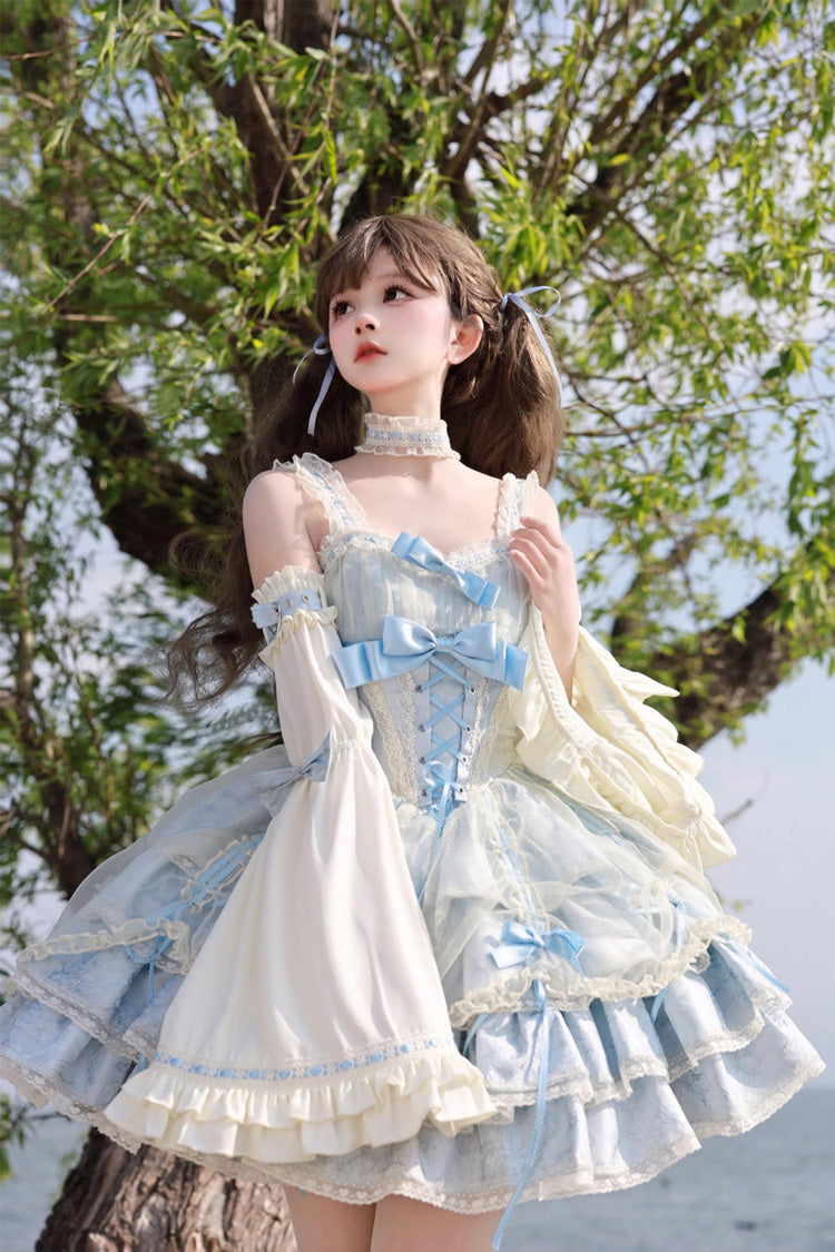 Blue/Apricot Sleeveless Multi-layer Ruffle Bowknot Lace-Up Sweet Princess Lolita Jsk Dress