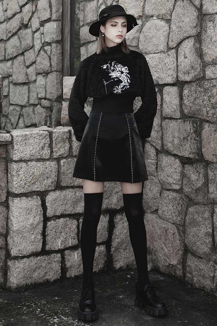 Black Rivet Lace A Version Slit Leather Women's Punk Skirt