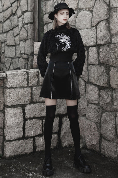 Black Rivet Lace A Version Slit Leather Women's Punk Skirt