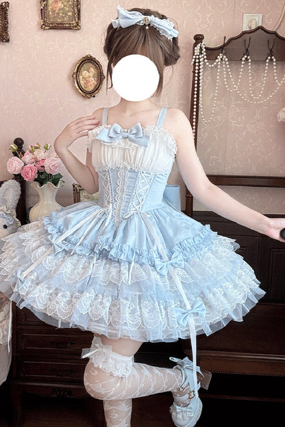 Blue [Dance of Time] Sleeveless Triple-Layered Ruffle Bowknot Lace Lace-Up Sweet Ballet Lolita Jsk Dress