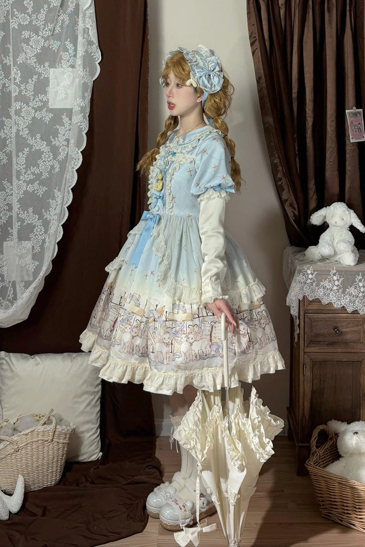 Blue [Angel Lamb] Lapel Collar Short Sleeves Printed Ruffled Bow Sweet Lolita Dress